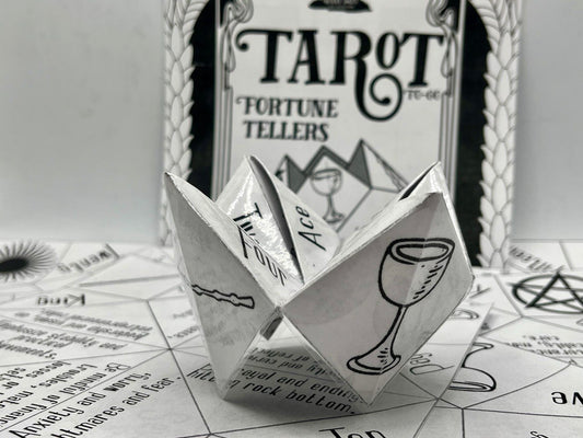 folded fortune teller and front cover of a pack of eleven tarot themed origami paper sheets